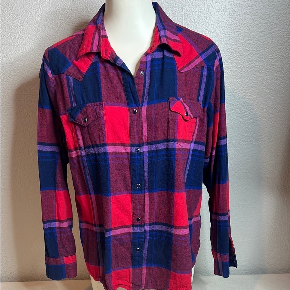 Wrangler “As Real As” Women’s Plaid Western Shirt – Red, Navy & Purple, Size XL